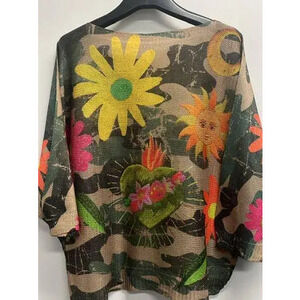 L24 Loowie Camo Floral Round Neck Knit Printed Sweater  One Size